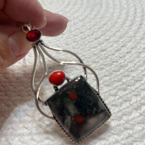 Gorgeous AFRICAN BLOODSTONE, CORAL & RUBY Handmade Sterling 925 Pendant/Chain